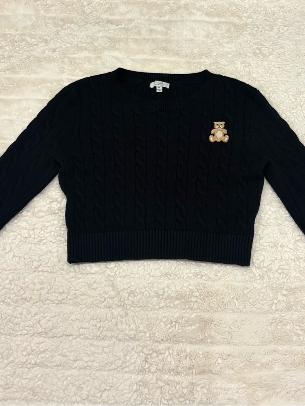 Orange Kiss Essentials Black Cable Knit Cropped Teddy Bear Sweater - Size M